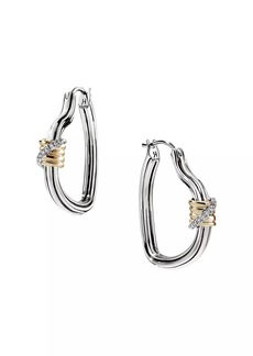 John Hardy Bamboo Sterling Silver, 14K Yellow Gold & 0.07 TCW Diamond Hoop Earrings