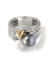 John Hardy 18kt gold Carved Chain freshwater pearl and Tahitian pearl multi row ring