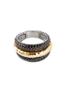 John Hardy 18K Yellow Gold & Hammered Silver Chain Classic Black Sapphire & Black Spinel Ring
