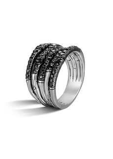 John Hardy Bamboo Silver Lava Wide Ring with Black Sapphire
