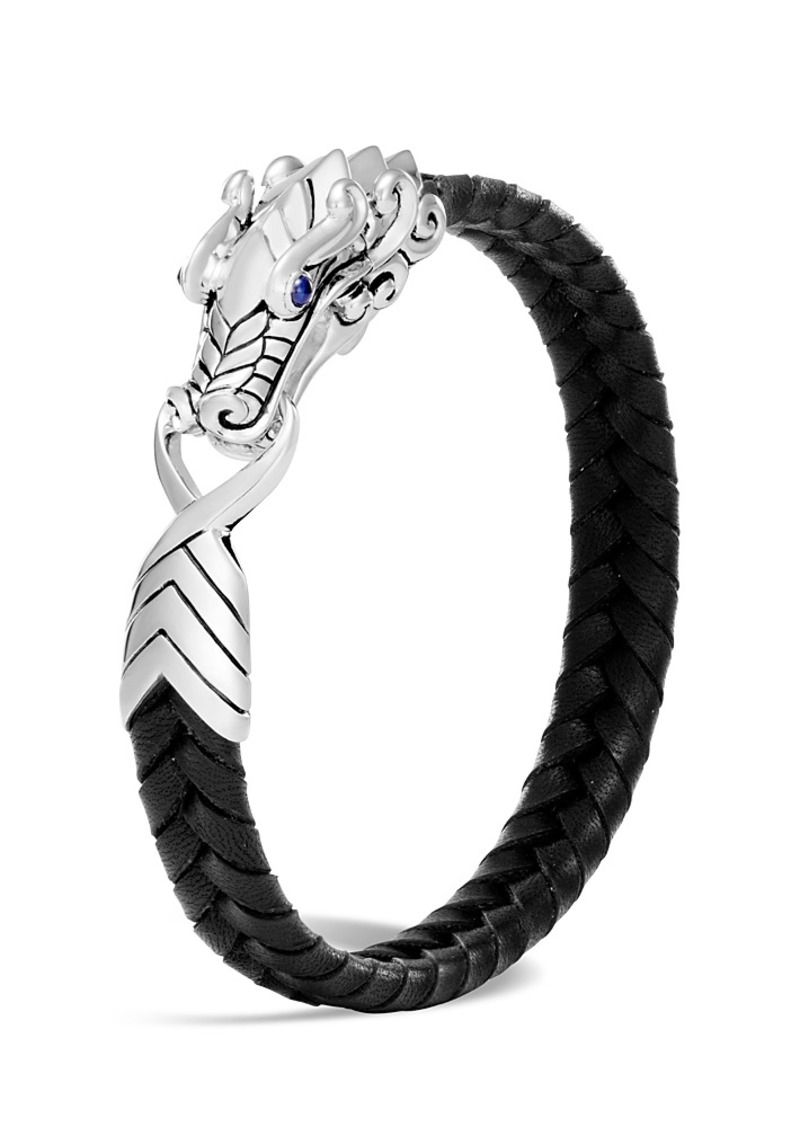 John Hardy Men's Sterling Silver Legends Naga Bracelet with Braided Black Leather and Sapphire Eyes