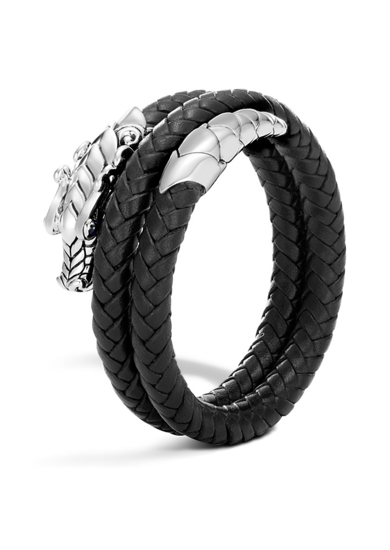 John Hardy Sterling Silver Legends Naga Double Coil Bracelet with Braided Black Leather & Sapphire Eyes