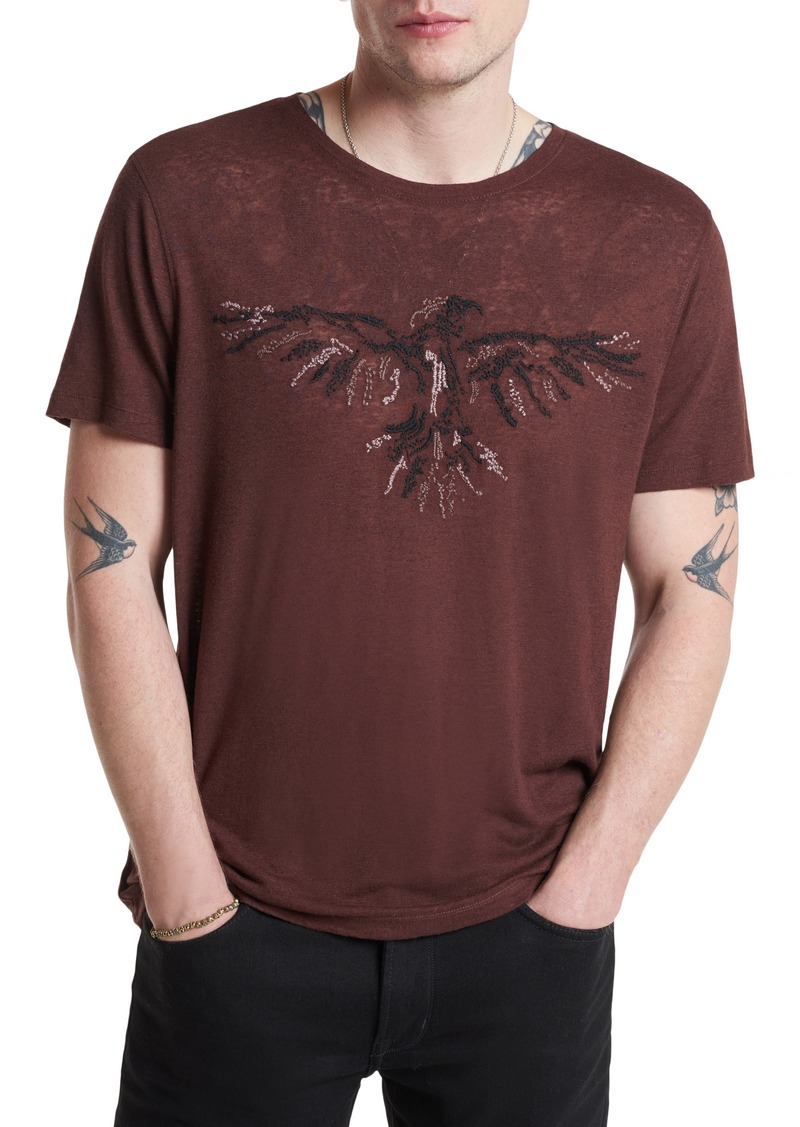 John Varvatos Raven Embroidered Linen Blend Burnout T-Shirt in Terra Brown at Nordstrom Rack