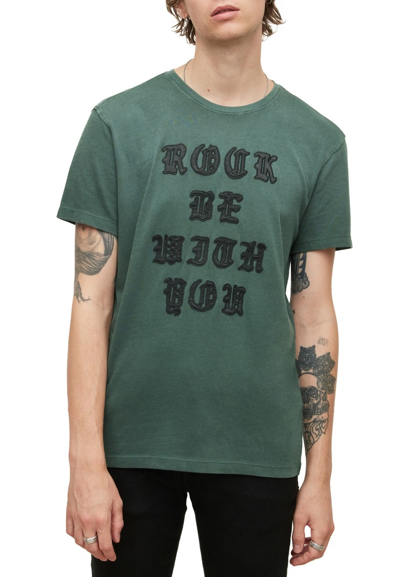 John Varvatos Raw Edge Rock Be With You Appliqué T-Shirt in Dark Moss at Nordstrom Rack
