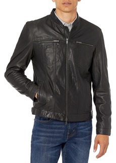 John Varvatos Star USA mens Band Collar Leather Jacket   US