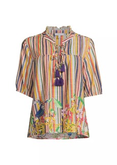 Johnny Was Aldrich Stripe Pleated Cotton-Blend Blouse