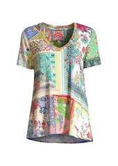 Johnny Was Anika Patchwork Floral V-Neck Swing T-Shirt