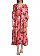 Johnny Was Becca Dolman-Sleeve Floral Silk Midi-Dress