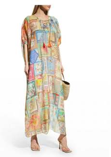 Johnny Was Bella Cape Sleeve Lace Up Maxi Kaftan Dress In Multicolor