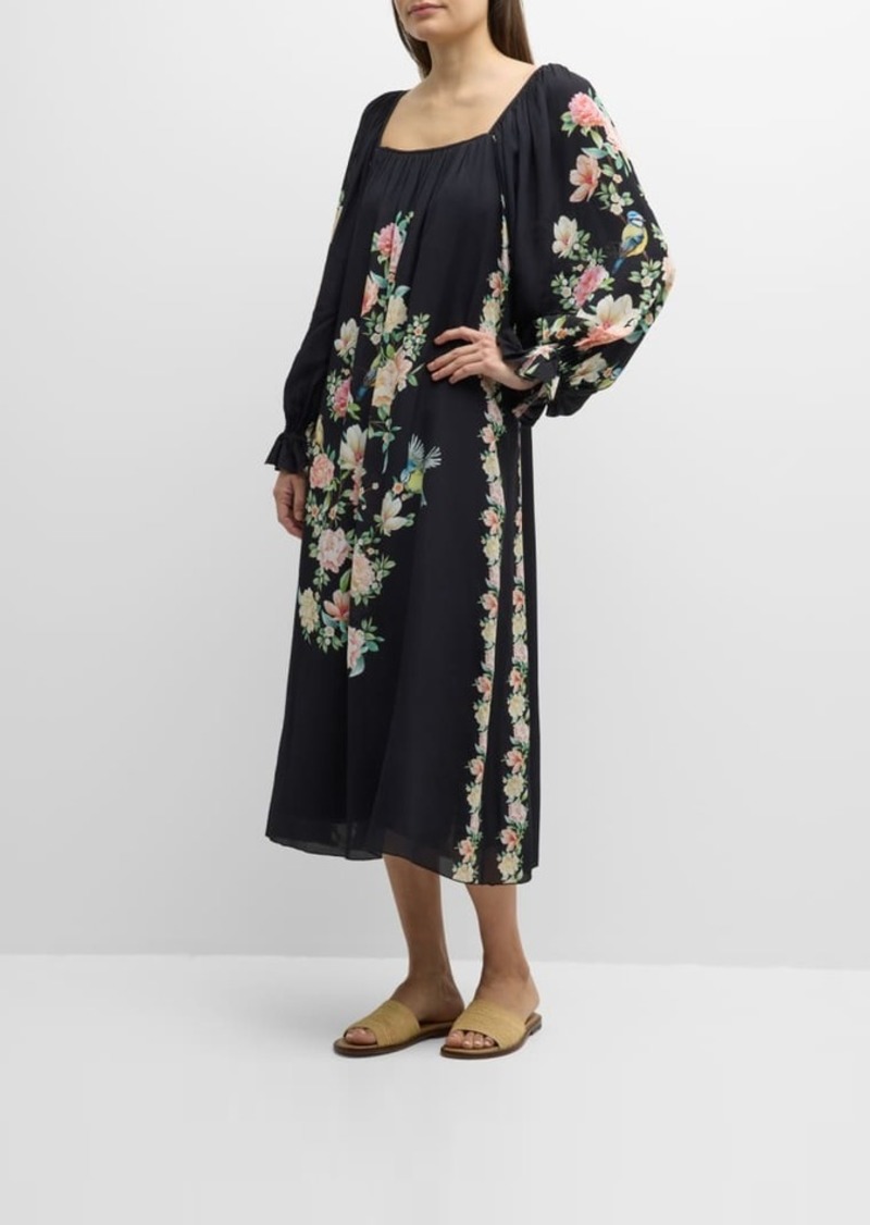 Johnny Was Byrdie Floral-Print Blouson-Sleeve Midi Dress