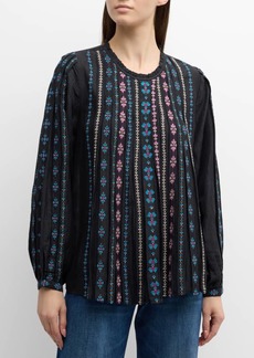 Johnny Was Calico Pleated Embroidered Ruffle-Trim Blouse
