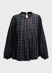 Johnny Was Calico Pleated Embroidered Ruffle-Trim Blouse