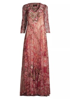 Johnny Was Cardinal Embroidered Mesh Maxi Dress