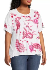 Johnny Was Cassia Floral-Embroidered Cotton T-Shirt