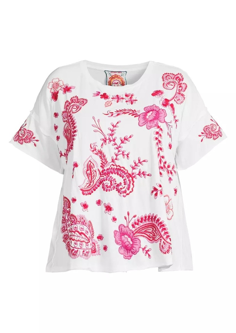 Johnny Was Cassia Floral-Embroidered Cotton T-Shirt