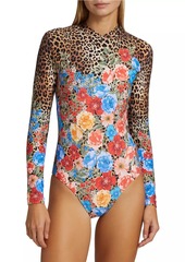 Johnny Was Cheetah & Floral-Print Long-Sleeve Swimsuit
