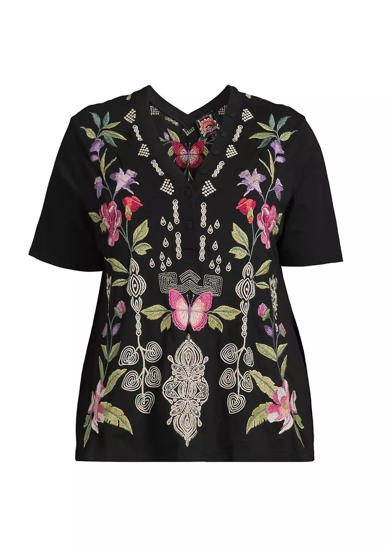 Johnny Was Dacie Floral-Embroidered Henley Top