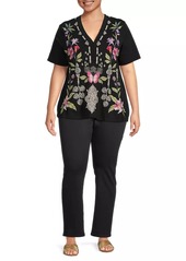 Johnny Was Dacie Floral-Embroidered Henley Top