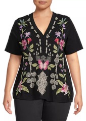 Johnny Was Dacie Floral-Embroidered Henley Top