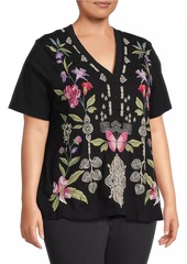 Johnny Was Dacie Floral-Embroidered Henley Top