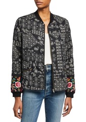 Johnny Was Embroidered Quilted Seamed Bomber Jacket