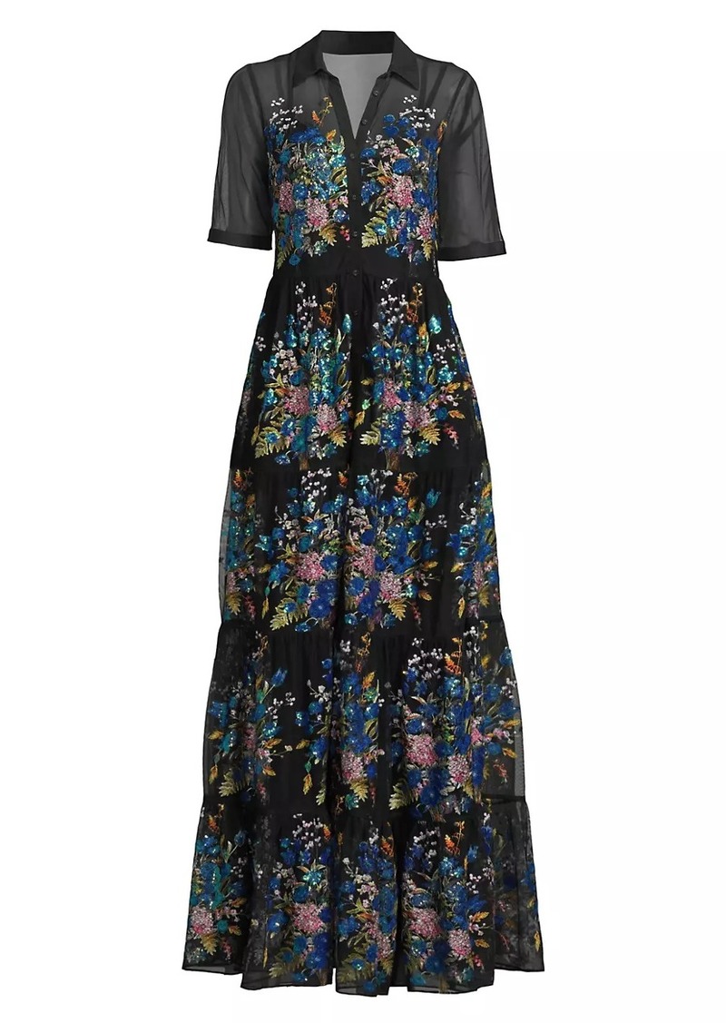 Johnny Was Emmeline Embellished Silk Tiered Maxi Shirtdress