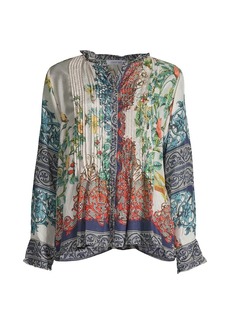 Johnny Was Evette Filigree Leaf Silk Button-Front Blouse