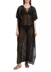 Johnny Was Eyelet Lace-Up Maxi Cover-Up Kaftan