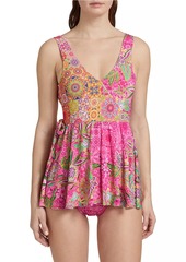 Johnny Was Flamingo Floral Wrap Skirted One-Piece Swimsuit