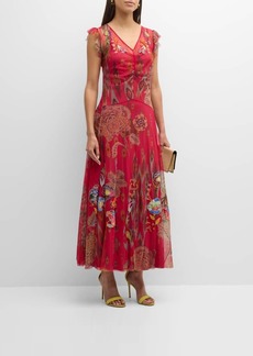 Johnny Was Floral-Embroidered Ruffle-Trim Mesh Maxi Dress