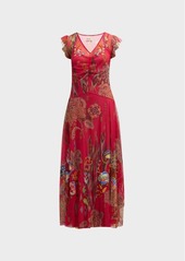 Johnny Was Floral-Embroidered Ruffle-Trim Mesh Maxi Dress