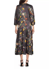 Johnny Was Floral Silk Bishop-Sleeve Tiered Midi Dress