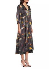 Johnny Was Floral Silk Bishop-Sleeve Tiered Midi Dress