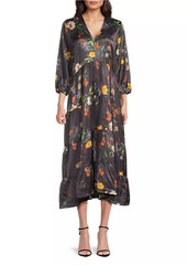 Johnny Was Floral Silk Bishop-Sleeve Tiered Midi Dress