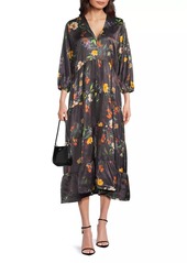 Johnny Was Floral Silk Bishop-Sleeve Tiered Midi Dress