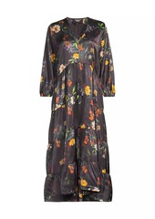 Johnny Was Floral Silk Bishop-Sleeve Tiered Midi Dress