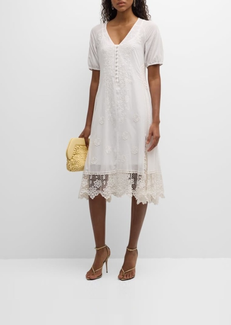 Johnny Was Isabelle Embroidered Lace-Trim Midi Dress