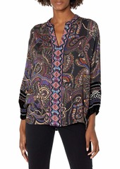 Johnny Was 3J Workshop Women's Printed Rayon Blouse with Velvet Detail  XS