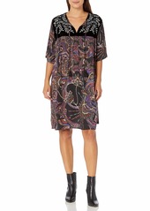 Johnny Was 3J Workshop Women's Printed Rayon Dress with v-Neck and Velvet Detail  M
