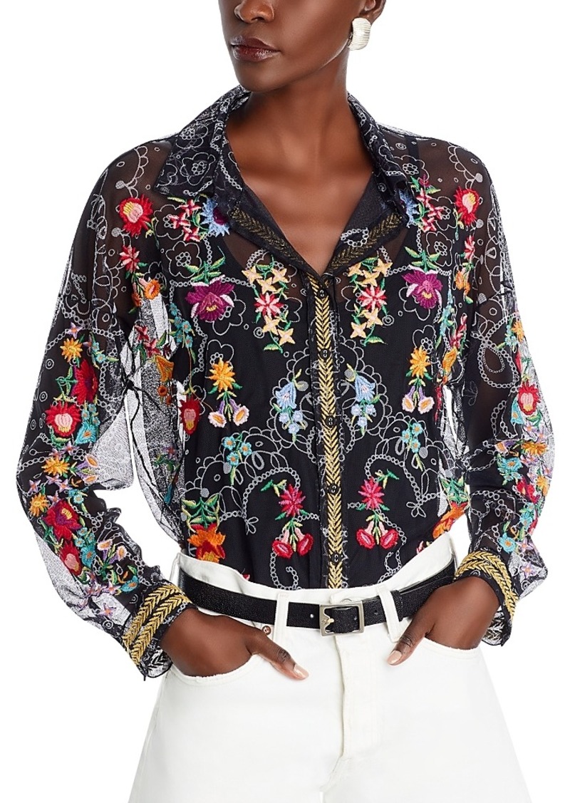 Johnny Was Embroidered Button Front Mesh Shirt
