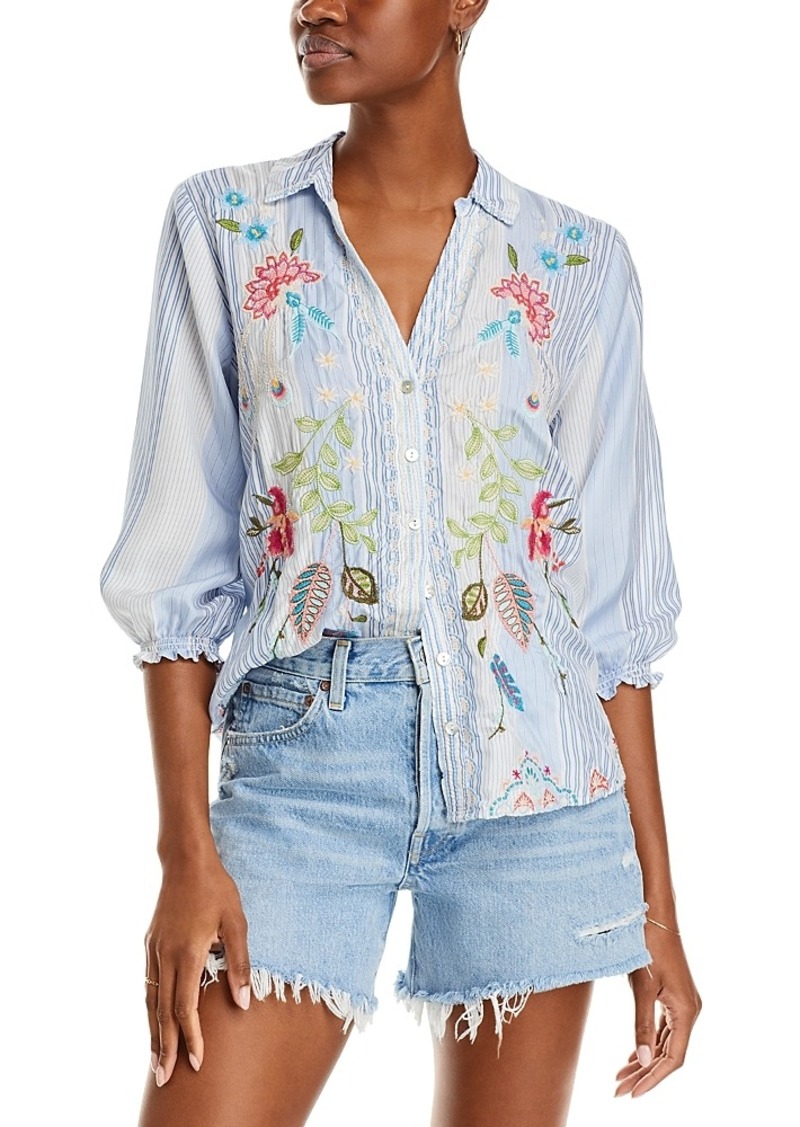 Johnny Was Emika Striped Embroidered Blouse