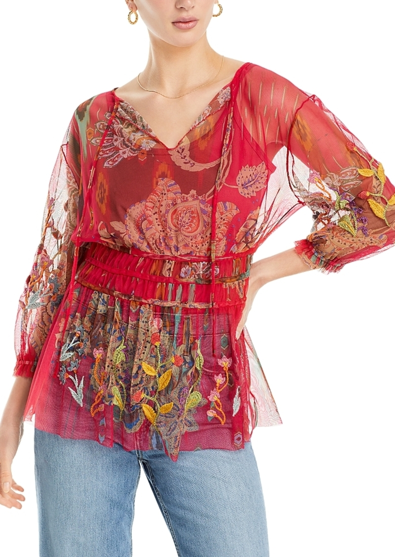 Johnny Was Feather Lark Embroidered Mesh Blouse