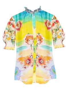 Johnny Was Women Tiedyer Leila Short Puff Sleeve Ruffle Trim Top Blouse Multicolor