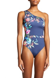 Johnny Was Women's Blue Floral Print Bloom One Shoulder One Piece Swimsuit