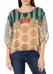 Johnny Was Women's Rayon Printed top with a Cropped Body and Wide arm  M