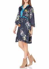 Johnny Was Women's Silk Printed Knee-Length Dress with Ruffle Trim Detail  L