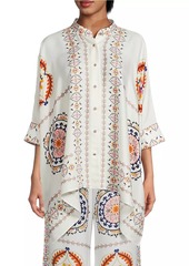 Johnny Was Katia Embroidered Silk-Blend Oversized Blouse