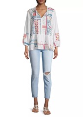 Johnny Was Katie Geometric Embroidered Peplum Peasant Top