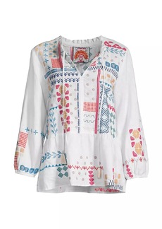 Johnny Was Katie Geometric Embroidered Peplum Peasant Top