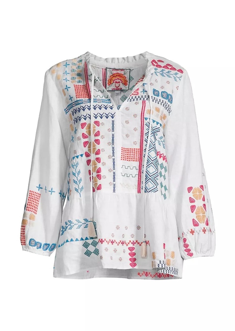Johnny Was Katie Geometric Embroidered Peplum Peasant Top